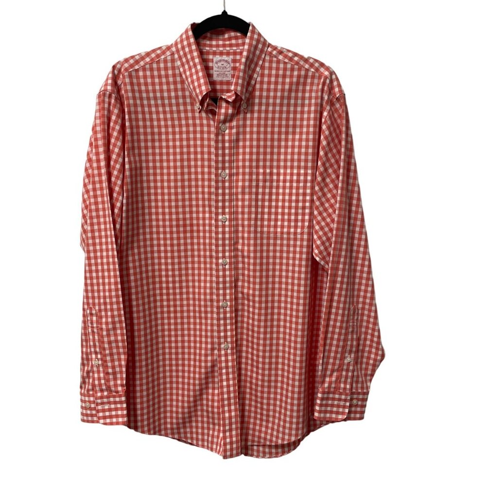 BROOKS BROTHERS BUTTON DOWN SHIRT CHECK GINGHAM MENS M 100% SUPIMA COTTON CORAL